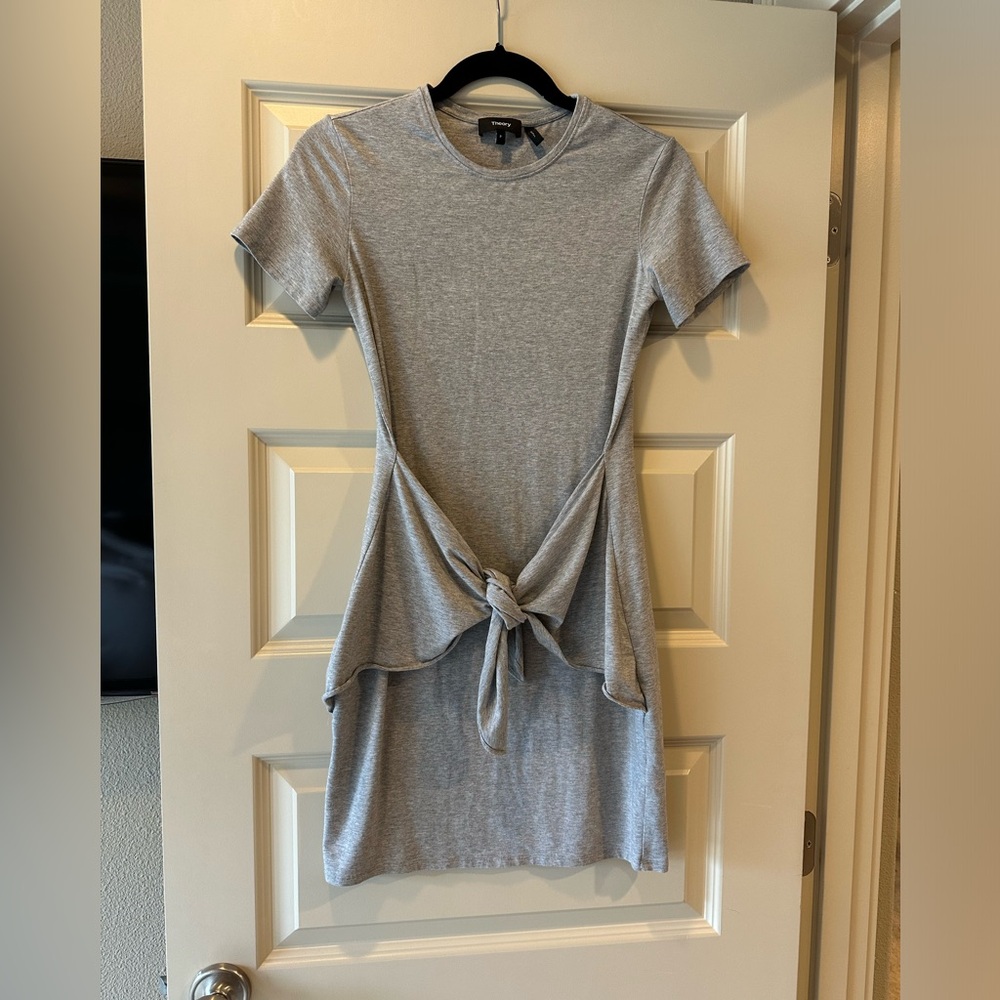 Theory Dakui Gray Tee Shirt Dress with Front tie Detail - Picture 3 of 8